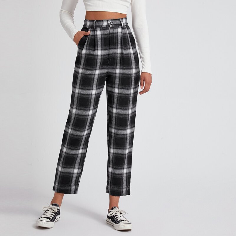 

Straight Leg Plaid Pants, Black and white