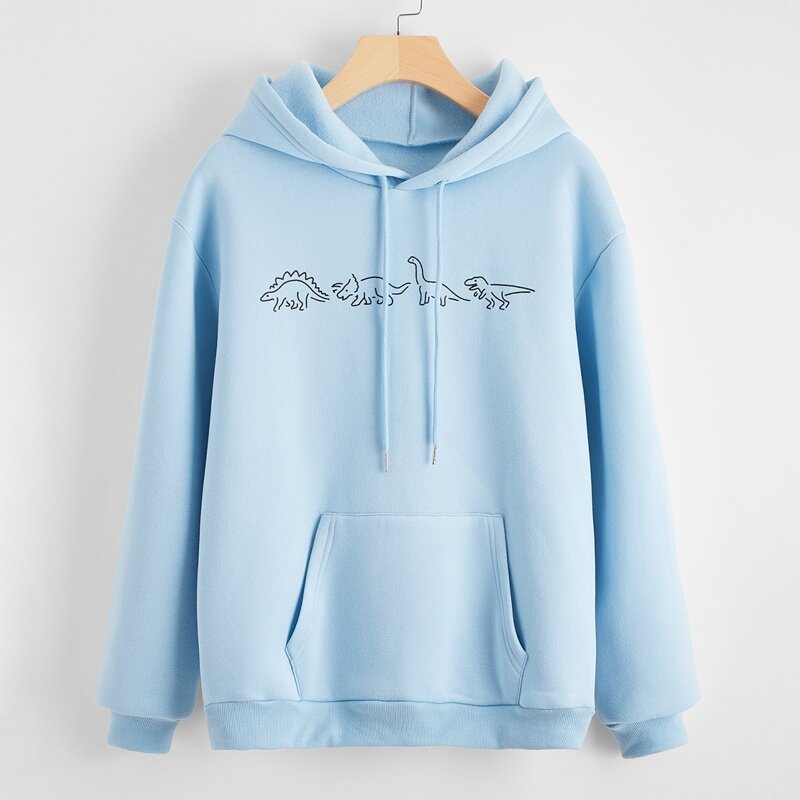 

Kangaroo Pocket Cartoon Graphic Drawstring Hoodie, Baby blue