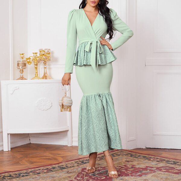 

Surplice Neck Mermaid Hem Belted Peplum Dress, Mint green