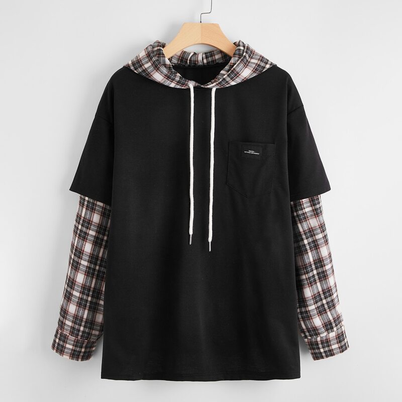 

Contrast Plaid 2 In 1 Hoodie, Black