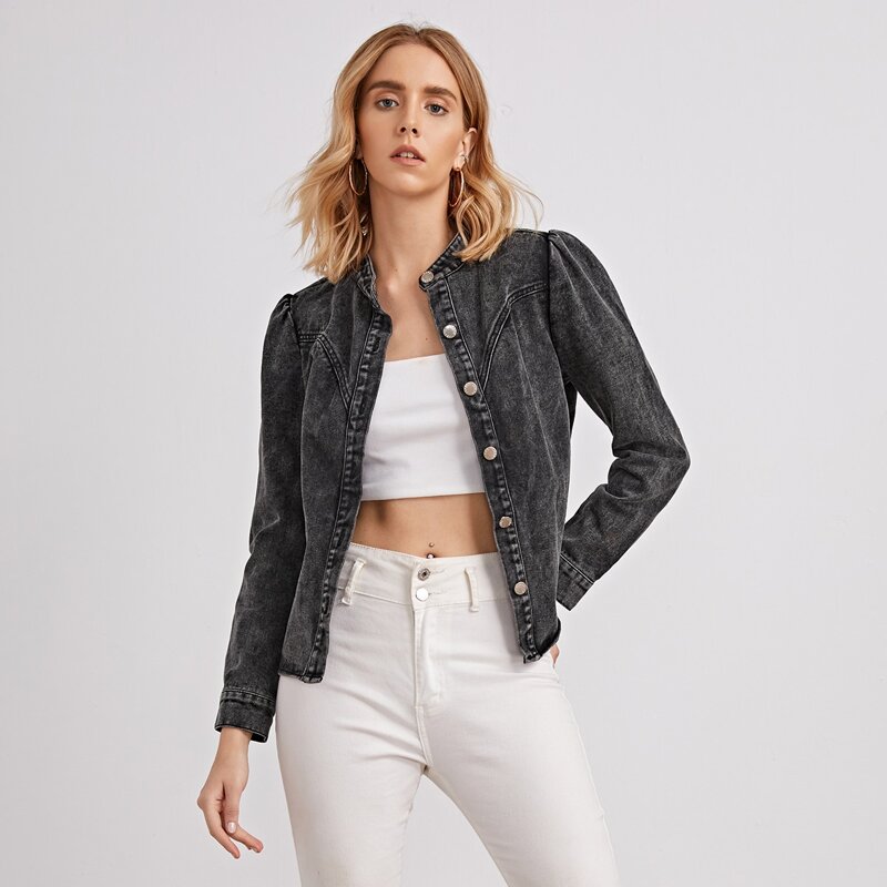 

Solid Button Front Denim Top, Dark grey