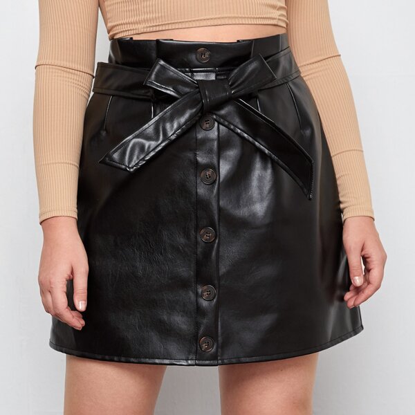 

Plus Paper Bag Waist PU Leather Belted Skirt, Black