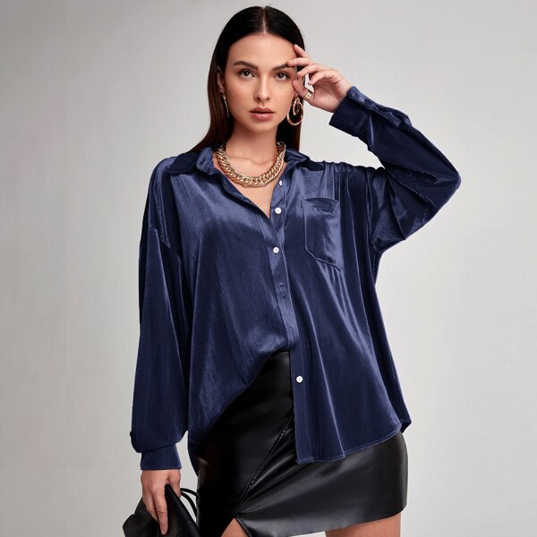 

Button Front Velvet Oversized Blouse, Navy blue