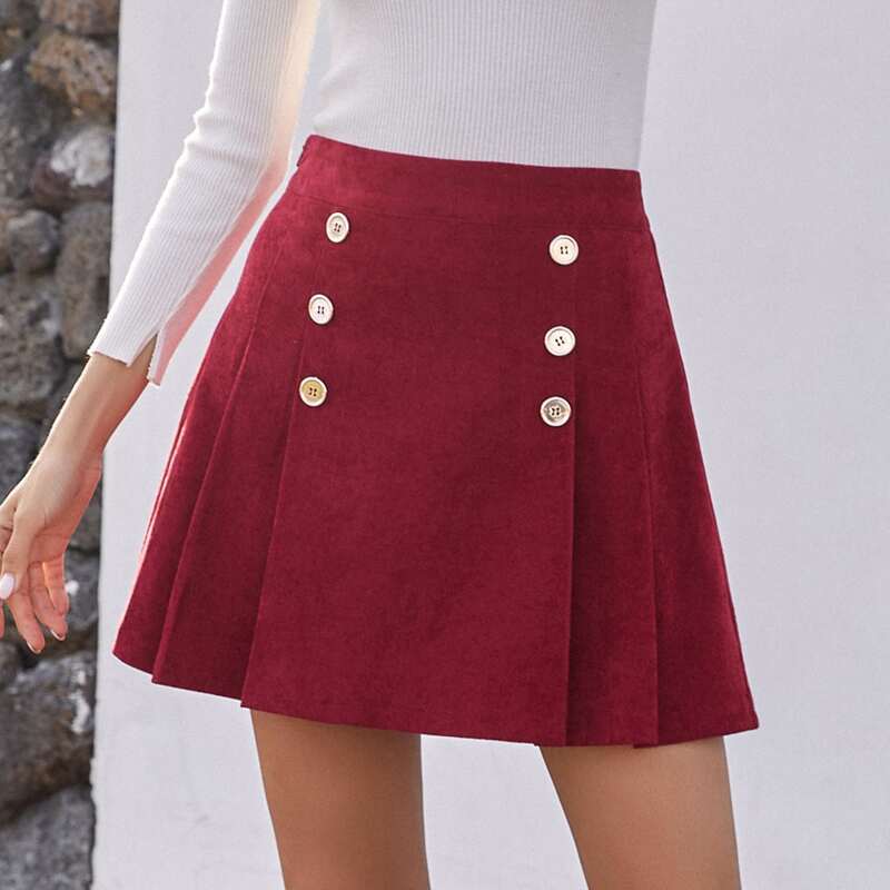 

Button Front Corduroy Solid Skirt, Redwood