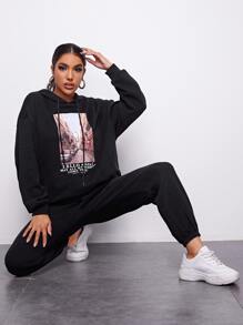 SHEIN Drop Shoulder Slogan Graphic Drawstring Hoodie & Joggers Set - Black - View 1