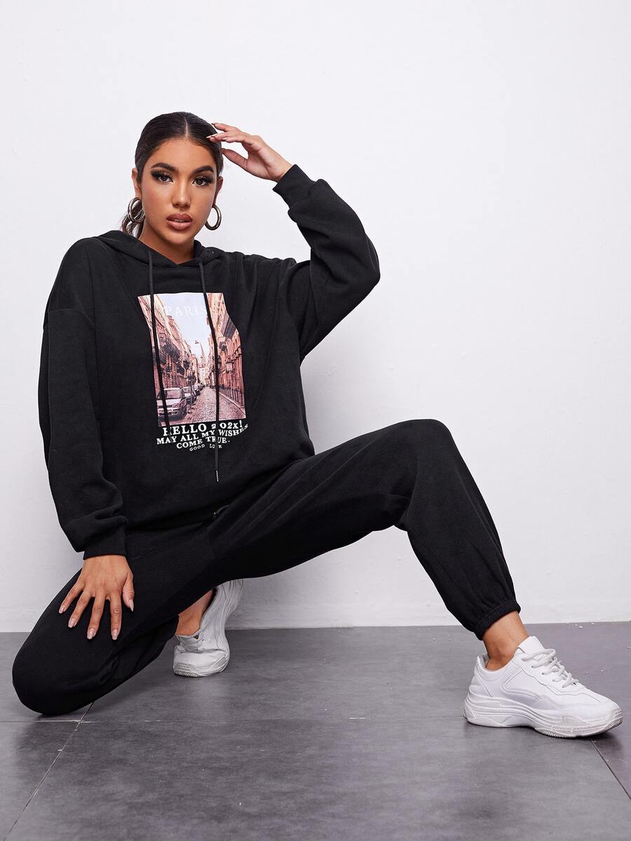 SHEIN Drop Shoulder Slogan Graphic Drawstring Hoodie & Joggers Set - Black - View 1