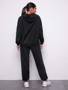 SHEIN Drop Shoulder Slogan Graphic Drawstring Hoodie & Joggers Set - Black - View 2