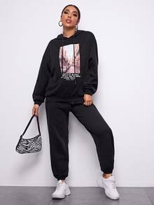 SHEIN Drop Shoulder Slogan Graphic Drawstring Hoodie & Joggers Set - Black - View 3