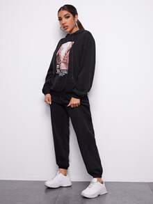 SHEIN Drop Shoulder Slogan Graphic Drawstring Hoodie & Joggers Set - Black - View 4
