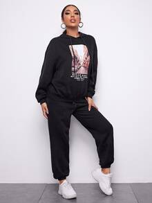 SHEIN Drop Shoulder Slogan Graphic Drawstring Hoodie & Joggers Set - Black - View 5