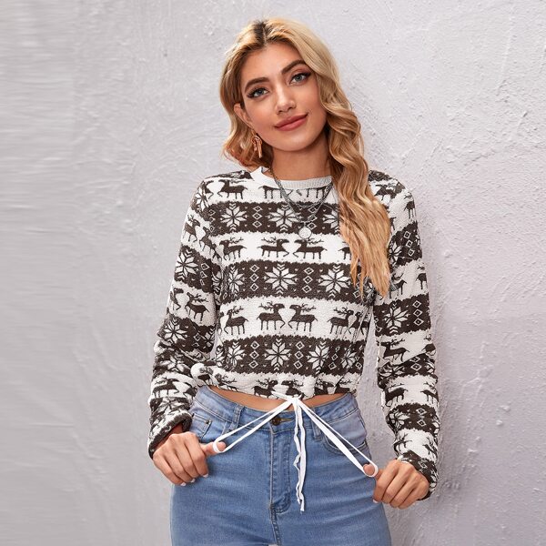 

Christmas Drawstring Hem Fuzzy Pullover, Multicolor