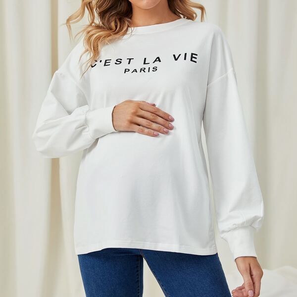 

Maternity Drop Shoulder Slogan Graphic Pullover, White