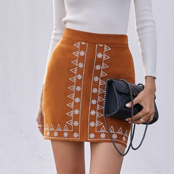 

Geo Print High Waisted Suede Skirt, Brown