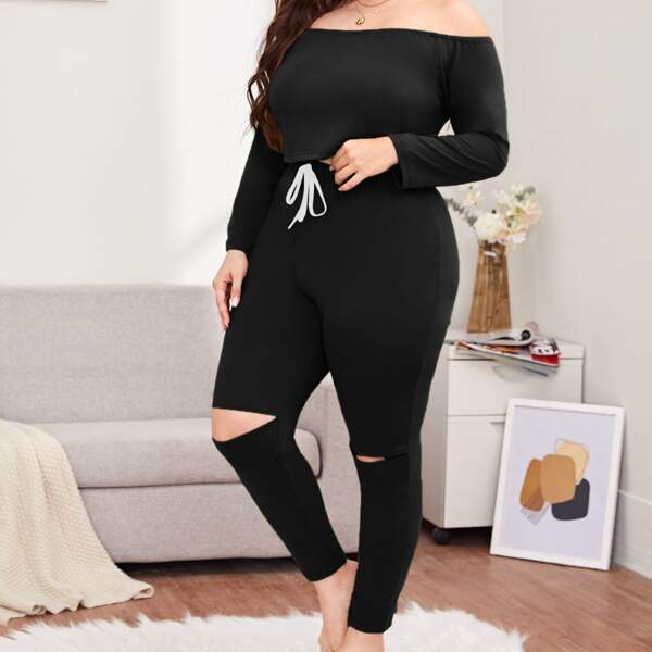 

Plus Bardot Top & Cut Out Pants Pajama Set, Black