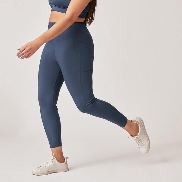 

Plus Solid Sports Leggings & Phone Pocket, Dusty blue