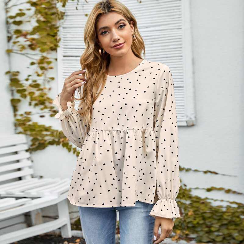 

Confetti Heart Print Ruffle Hem Blouse, Beige