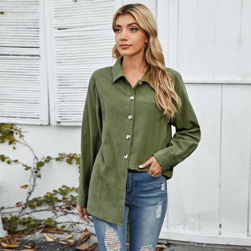 

Button Up Solid Blouse, Army green