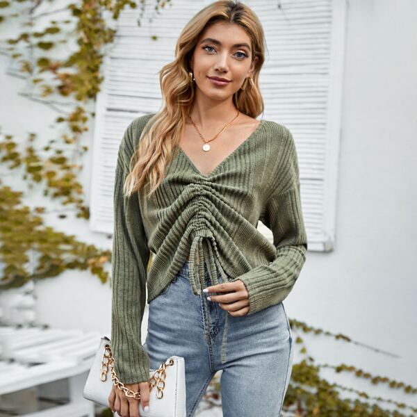 

Drawstring Ruched Drop Shoulder Tee, Army green
