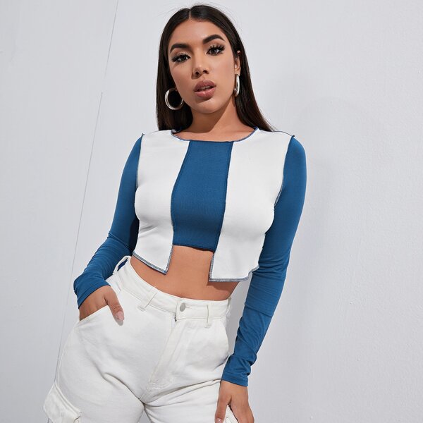

Stitch Detail Two Tone Stepped Hem Crop Tee, Blue and white