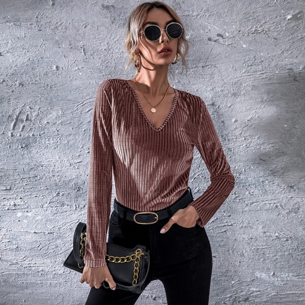 

V-neck Solid Velvet Tee, Redwood
