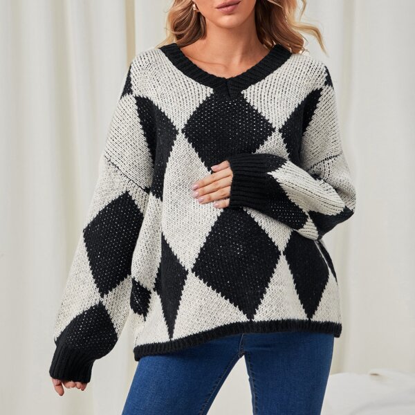 

Maternity Drop Shoulder Argyle Pattern Sweater, Multicolor