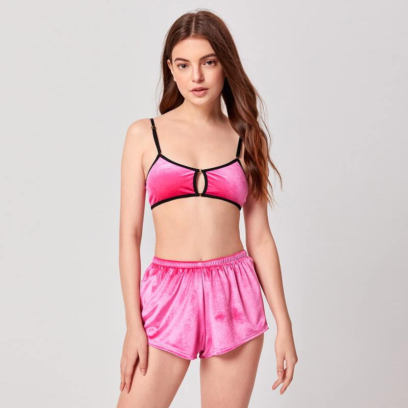 

Contrast Binding Velvet Lingerie Set, Hot pink