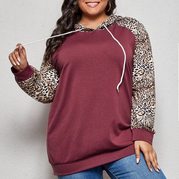 

Plus Contrast Leopard Drawstring Hooded Sweatshirt, Maroon