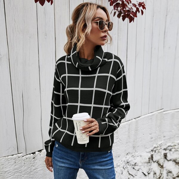 

Cowl Neck Plaid Pattern Sweater, Black