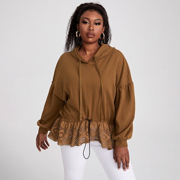 

Plus Drop Shoulder Cutout Front Hoodie, Brown