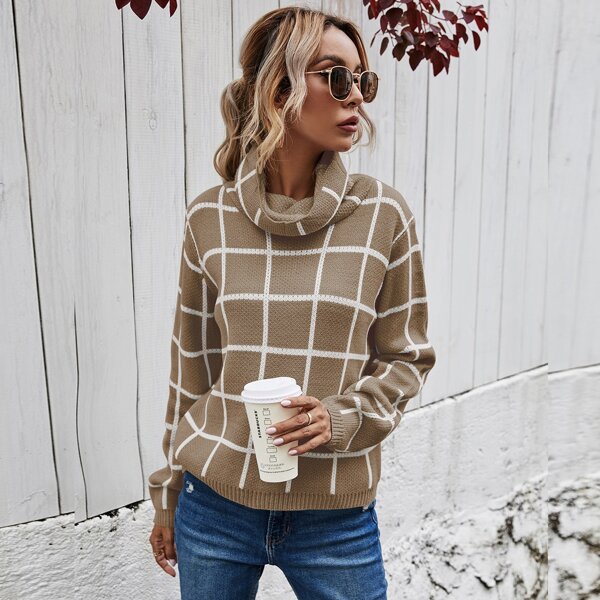 

Cowl Neck Plaid Pattern Sweater, Khaki