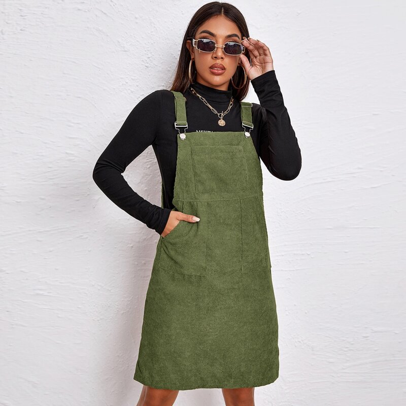 

Pocket Patched Cord Overall Dress, Army green