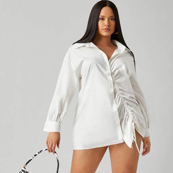 

Plus Collared Drawstring Ruched Front Blouse, White