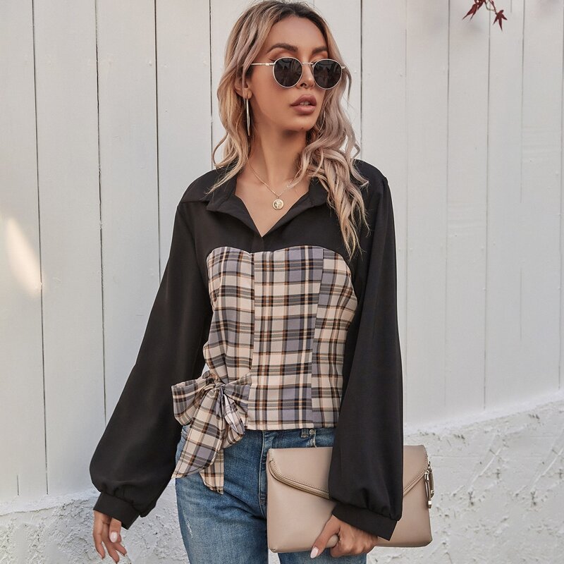 

Contrast Plaid Panel Knot Side Blouse, Multicolor