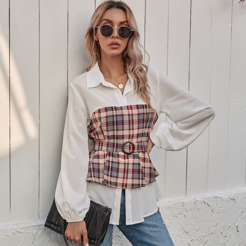 

Contrast Plaid Panel Lantern Sleeve Belted Blouse, Multicolor