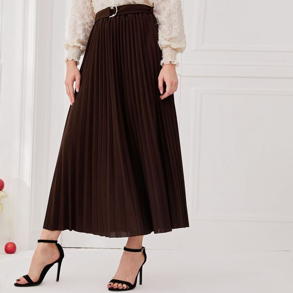 

Solid Pleated Belted Skirt, Chocolate brown