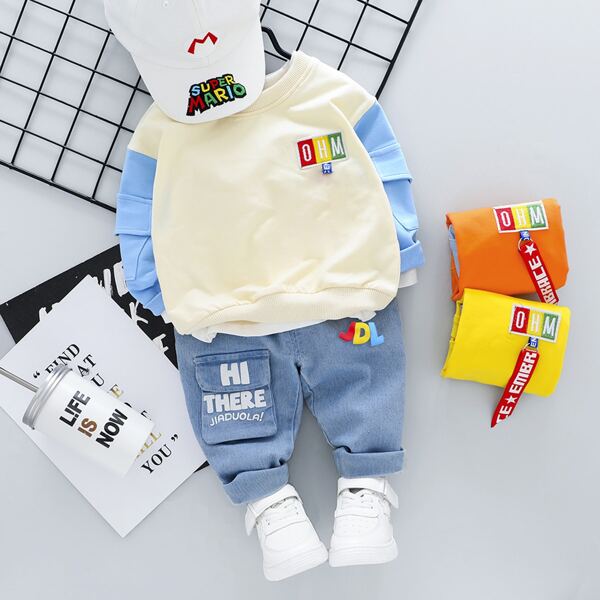 

Toddler Boys Letter Embroidery Flap Pocket Sweatshirt & Jeans, Blue and white