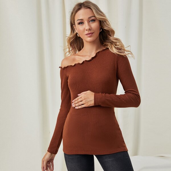 

Maternity Asymmetrical Neck Lettuce Trim Tee, Rust brown