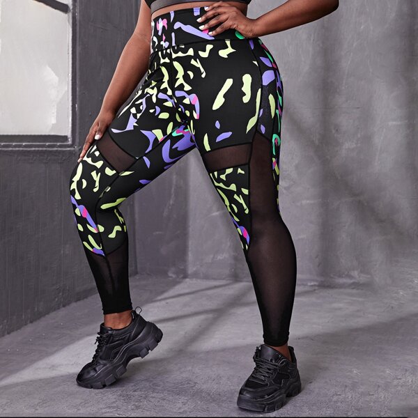 

Plus Contrast Mesh Graphic Sports Leggings, Black