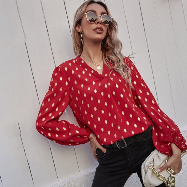 

Foil Print Curved Hem Blouse, Rose red
