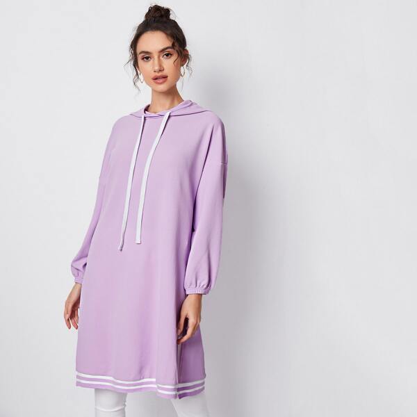 

Lantern Sleeve Split Striped Hem Drawstring Hoodie, Pastel lilac purple