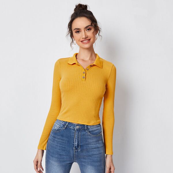 

Rib-knit Half Button Placket Tee, Bright mustard yellow
