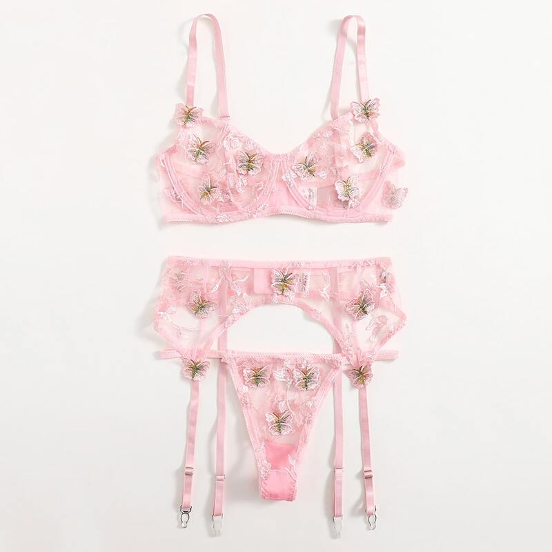 

Butterfly Applique Underwire Garter Lingerie Set, Baby pink