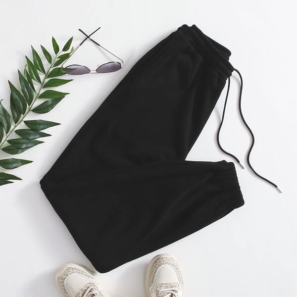 

Drawstring Waist Fleece Lined Solid Sweatpants, Black