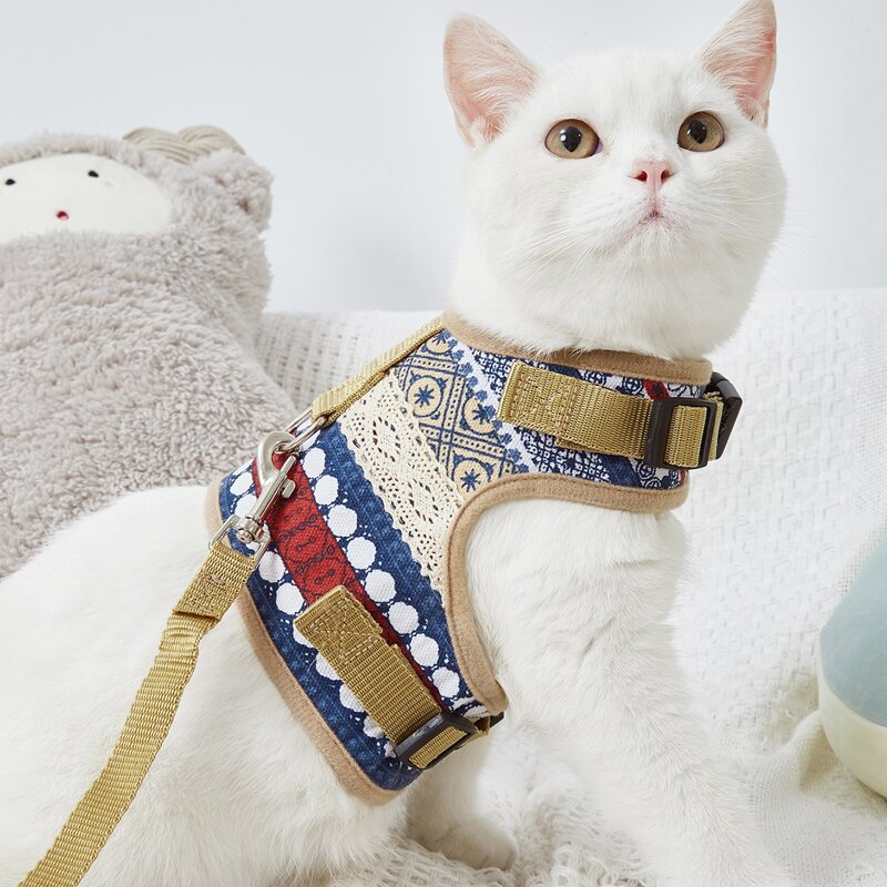 

1pc Geometric Pattern Cat Harness & 1pc Cat Leash, Blue