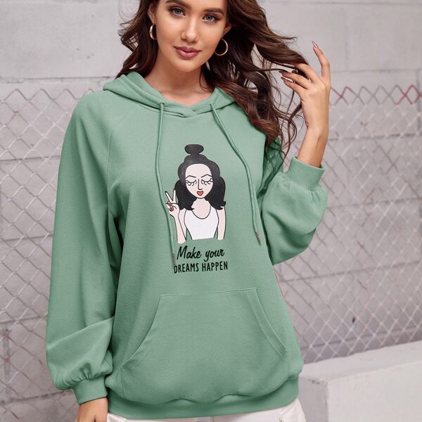 

Drawstring Detail Figure & Slogan Graphic Hoodie, Mint green