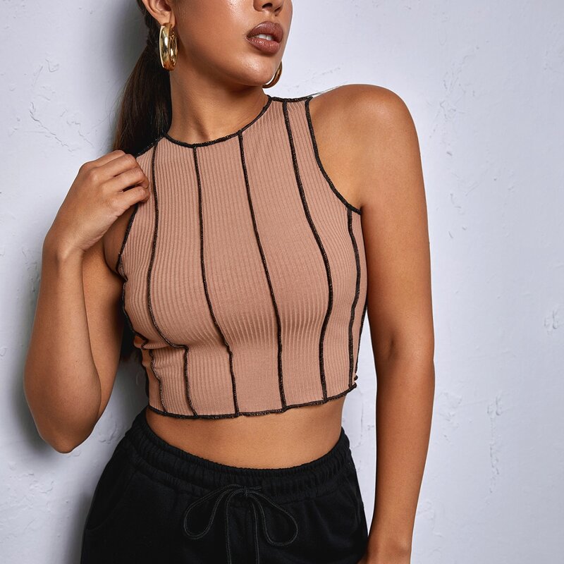 

Seam Front Rib-knit Tank Top, Apricot