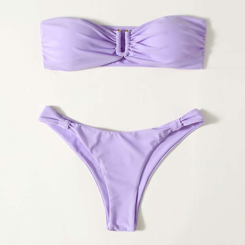

V Wired Ruched Bandeau High Leg Bikini Swimsuit, Lilac purple