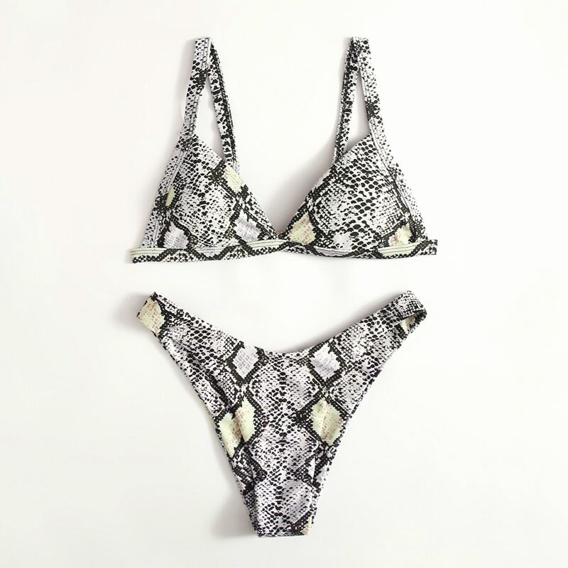 

Snakeskin Print High Leg Bikini Swimsuit, Multicolor