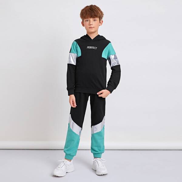 

Boys Letter Graphic PU Leather Panel Hoodie & Sweatpants Set, Multicolor