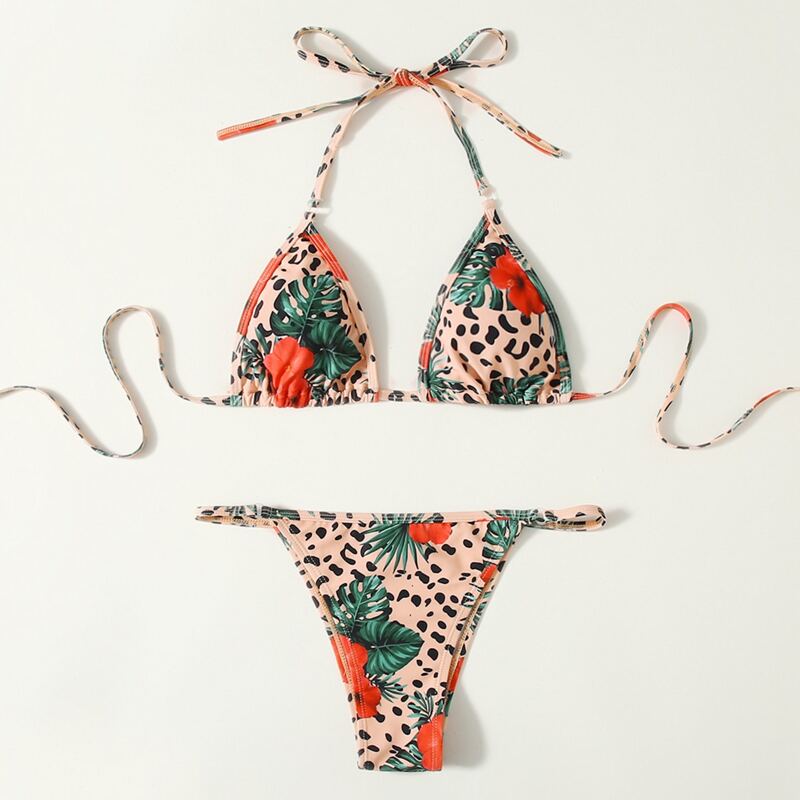 

Leopard & Tropical Triangle Thong Bikini Swimsuit, Multicolor